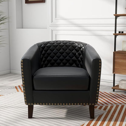 Pia Ricco Faux Leather Barrel Chairs Set of 2, Modern Comfy Accent Chairs, Upholstered Armchair Club Chairs with Nailhead Trim, Single Sofa Barrel Chair for Living Room Reading Room, Black