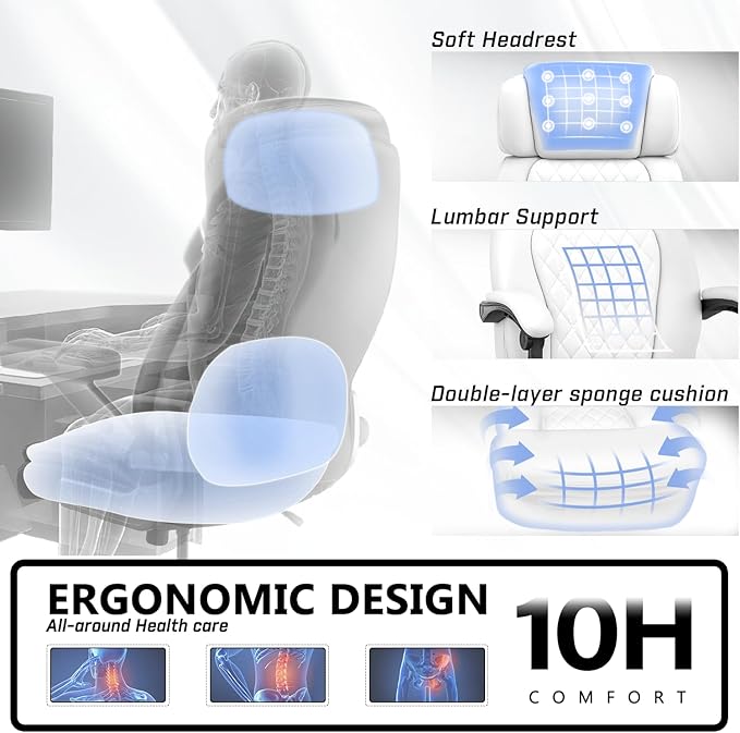 400lbs Office Chair with Foot Rest, Ergonomic Big and Tall Office Chair with Adjustable Headrest, High Back PU Leather Computer Chair,Comfy Heavy Duty Office Desk Chair (Classic White)
