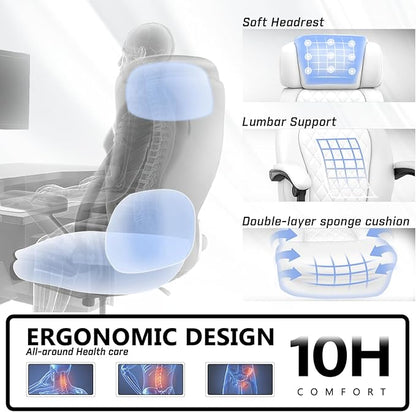 400lbs Office Chair with Foot Rest, Ergonomic Big and Tall Office Chair with Adjustable Headrest, High Back PU Leather Computer Chair,Comfy Heavy Duty Office Desk Chair (Classic White)