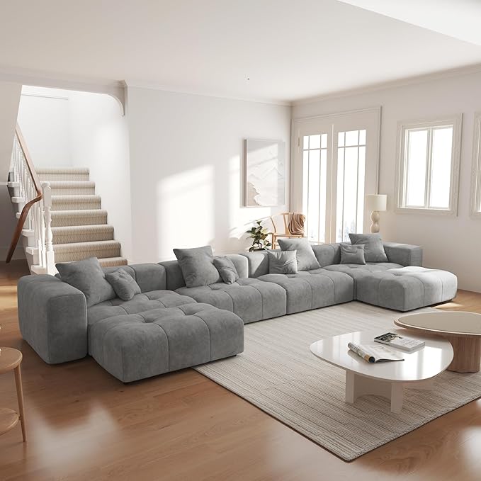 JACH 183.5 Inch U-Shaped Modular Sectional Sofas, Modern 4-Seater Couch with Chaise Ottomans, Mid Century Modern Sectional Couches, Cozy Sleeper Sofa for Living Room (Linen Fabric, Grey)