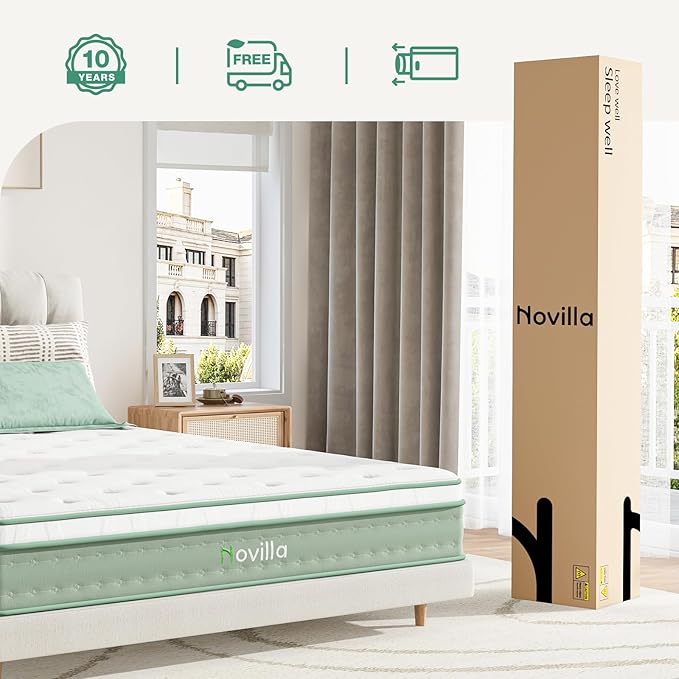 Novilla Full Mattress, 10 Inch Hybrid Mattress in a Box, High Resilience Foam with Pocket Springs for a Peaceful Sleep, Pillow Top Full Size Mattresses, Knitted Cover & Balanced Support