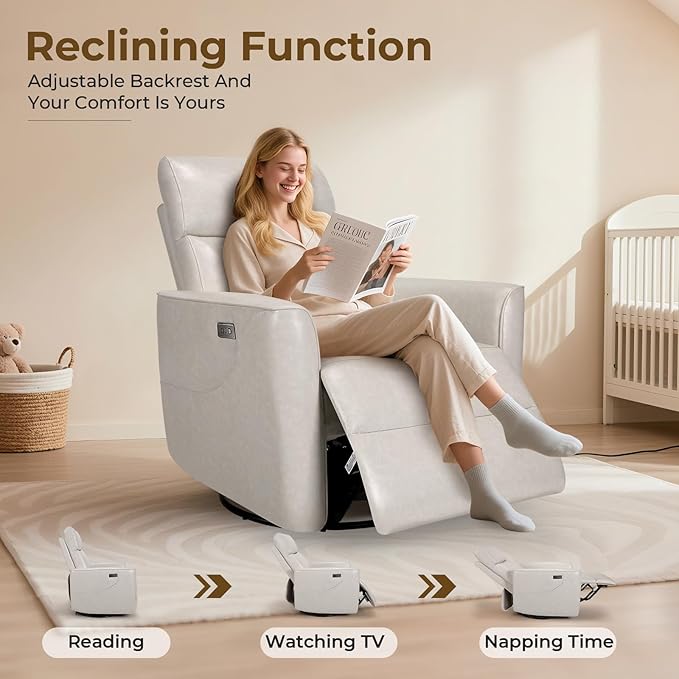 Homdox Power Recliner Chair Swivel Glider with Massage and Heat, Oversized Swivel Rocker Chair, Living Room Nursery Reclining Chair with USB, Faux Leather, for Small Spaces, Ivory