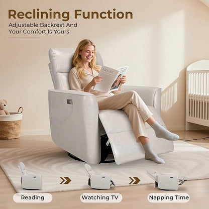 Homdox Power Recliner Chair Swivel Glider with Massage and Heat, Oversized Swivel Rocker Chair, Living Room Nursery Reclining Chair with USB, Faux Leather, for Small Spaces, Ivory