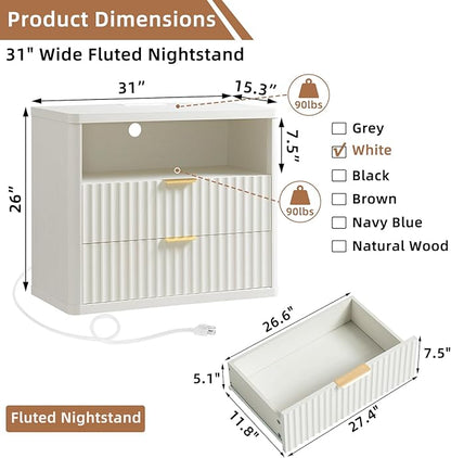 LEYAOYAO 31" Wide Fluted Nightstand with Charging Station, Oversized Extra Large 2 Drawers Night Stand,White Wood Bedside Table,Tall Bed Side End Tables,Modern Chest of Drawers Dressers for Bedroom