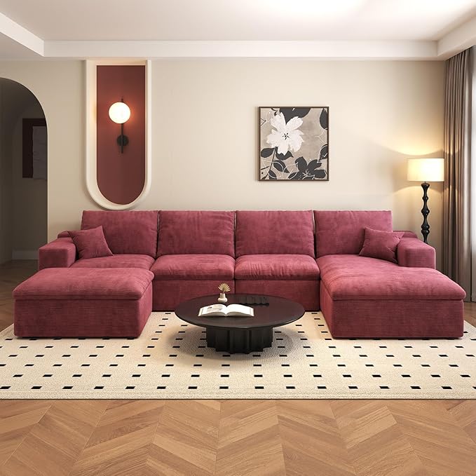 136.6'' U-Shaped Modern Modular Sectional Cloud Couch Whit Ottoman, 4-Seat Chenille Deep-Seat Sofa with Pillow for Living Room, Bedroom, Apartment, Wine Red