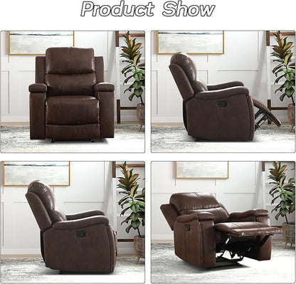 Brown Recliner Chair, Single Overstuffed Sofa Recliners, Breathable Faux Leather Manual Reclining Chairs with Hidden Cup Holder, Arm and Back for Adults, Living Room, Bedroom, Dark Brown