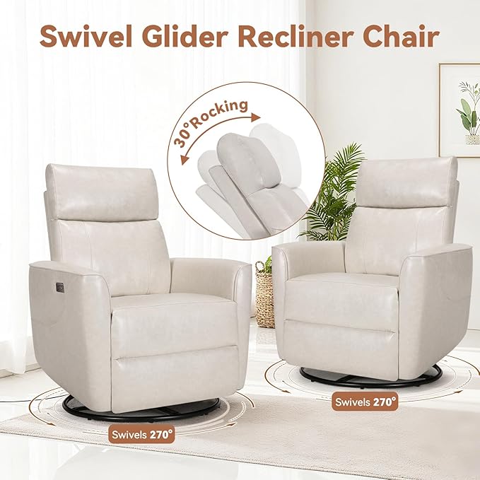 Himimi Power Massage Recliner Chair, Oversized Swivel Rocker Chair with Vibration Massage and Heat, Glider Recliner for Adults, USB Charging, Side Pocket, Nursery, Living Room, Bedroom (Ivory)