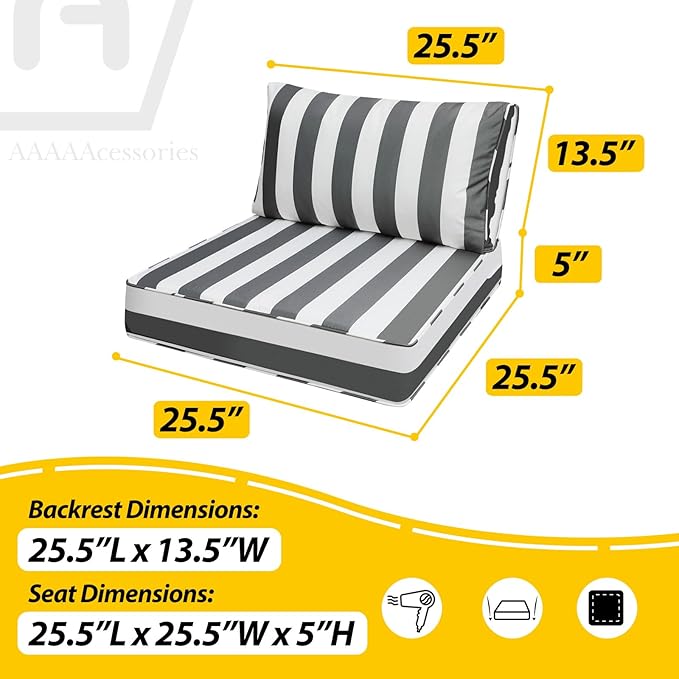 AAAAAcessories Outdoor Deep Seat Cushions, Waterproof, Fade-Resistant Patio Furniture Replacement Cushions, 25.5" x 25.5" x 5" + 25.5" x 13.5", Set of 2, Gray Cabana Stripe