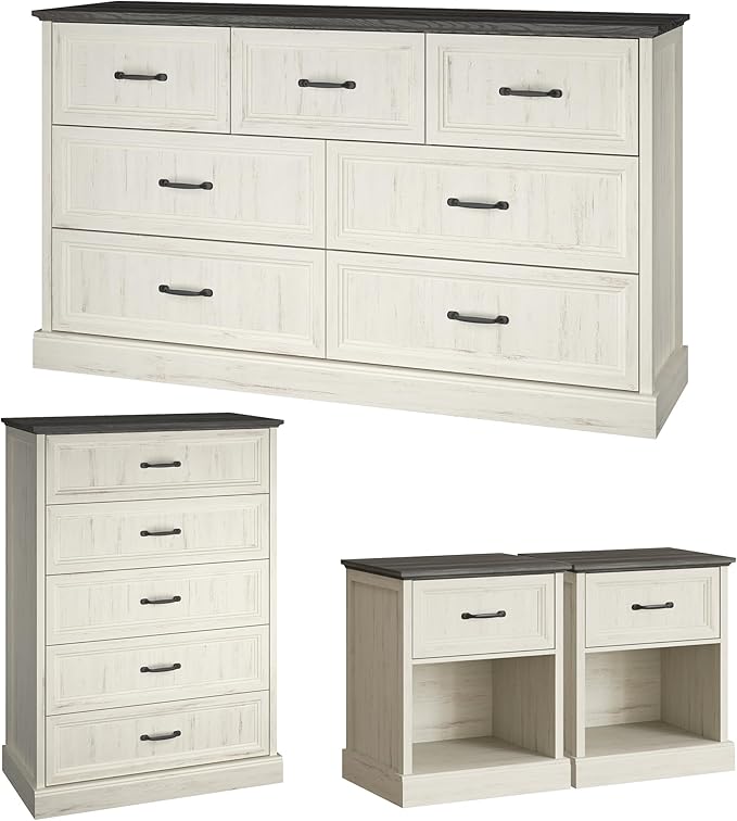 Farmhouse Dresser and Nightstand Sets, 4Pcs Bedroom Furniture Set, Nightstand Set of 2 & 55" Wide 7 Drawer and 44" Tall 5 Drawer Dresser with Large Drawers & Bar Handles, White