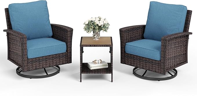 Patio Wicker Swivel Chairs Set of 2, Outdoor High Back Chairs with 5.5" Waterproof Cushions and Side Table, Outdoor Furniture Set for Deck Porch and Yard, Peacock Blue