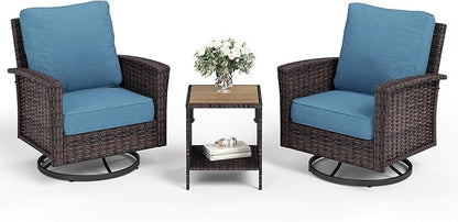 Patio Wicker Swivel Chairs Set of 2, Outdoor High Back Chairs with 5.5" Waterproof Cushions and Side Table, Outdoor Furniture Set for Deck Porch and Yard, Peacock Blue