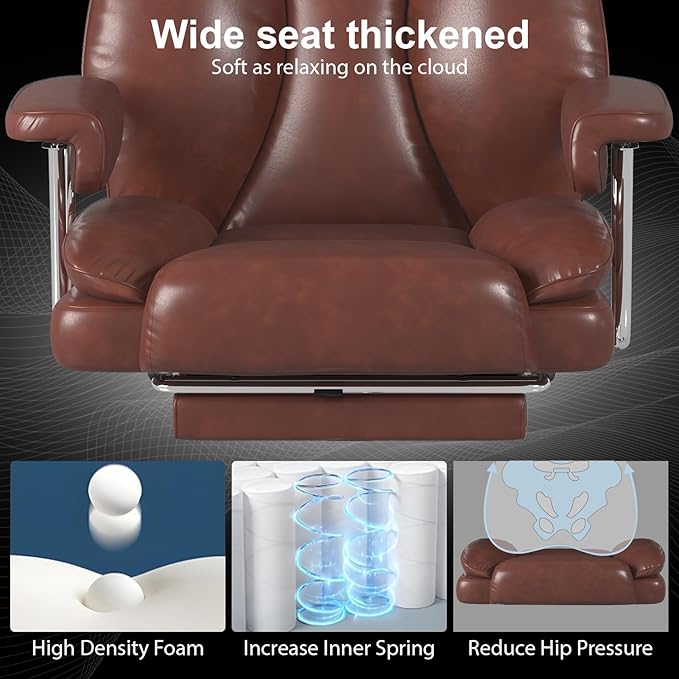 Big and Tall Office Chair, Executive Home Office Desk Chair, Comfy Leather High-Back Reclining Computer Chair with Retractable Footrest and Padded Arms, 360°Swivel Rolling Wheels, Wide Seat, Brown