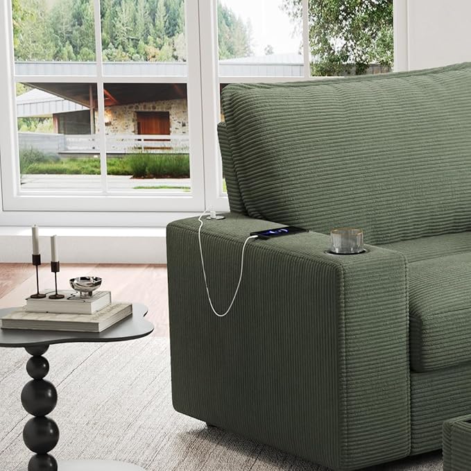 Christopher Knight Home Zoe Oversized Chaise Lounge Chair Indoor with Cup Holders & USB Charging Port, Corduroy Upholstered Sofa Bed + Ottoman with Storage, Comfy Deep Seat Sleeper Sofa Chair, Green
