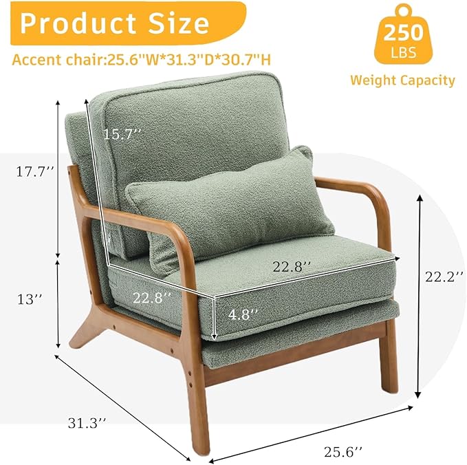 Mid-Century Accent Chair Set of 2,Sherpa Fabric Lounge Chair with Wide Armrest,Sherpa Fabric Armchair with Lumbar Pillow & Solid Wood Frame for Living Room, Bedroom, Balcony (Green)