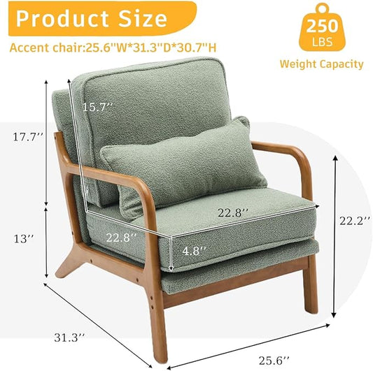 Mid-Century Accent Chair Set of 2,Sherpa Fabric Lounge Chair with Wide Armrest,Sherpa Fabric Armchair with Lumbar Pillow & Solid Wood Frame for Living Room, Bedroom, Balcony (Green)