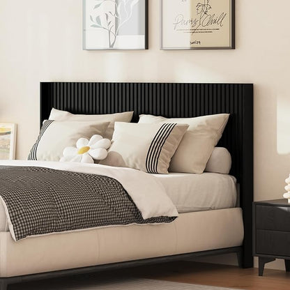 COCO DESIGN Queen Size Headboard Only, 64.3" Wide Wooden Headboard, Mid Century Modern Farmhouse Boho HeadBoard, Wall Mount, Fluted Panel, Wingback Design, Black