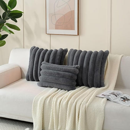 FUTEI Dark Grey Decorative Throw Pillow Covers 12x20 Inch Set of 2, Square Soft Faux Rabbit Fur Big Striped Cushion Cover,Home Decor for Couch Sofa Bed Living Room