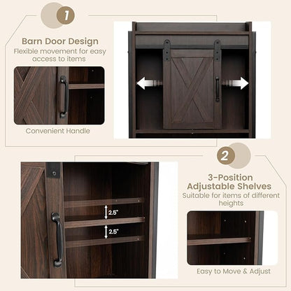 LOKO Over The Toilet Storage Cabinet, Freestanding Bathroom Space Saver with Adjustable Shelves & Sliding Barn Door, 4-Tier Over Toilet Bathroom Organizer, 25 x 9.5 x 67.5 inches (Espresso)