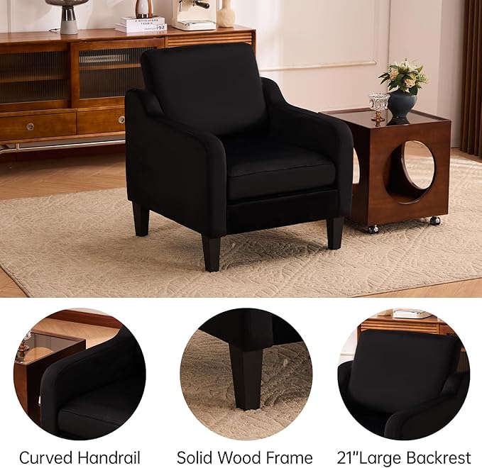 Accent Chair with Soft Armrest, Modern Living Room Chairs, Upholstered Comfy Chair with Cushion, Boucle Pottery Barn Accent Chair Sofa Chair, Single Arm Chair for Waiting Room, Black