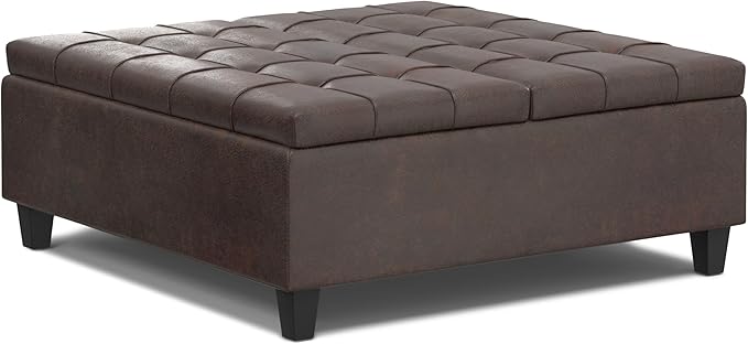 SIMPLIHOME Harrison 40 inch Wide Transitional Square Large Coffee Table Storage Ottoman in Distressed Brown Vegan Faux Leather, Assembled, for The Living Room and Bedroom