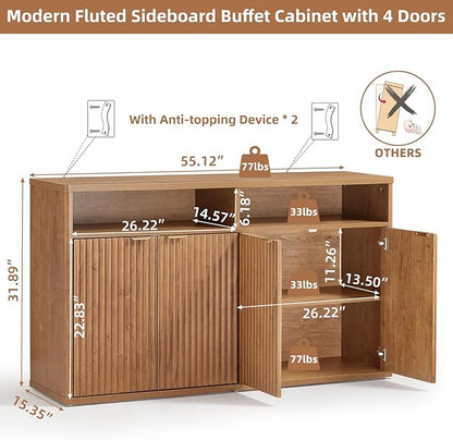 LEYAOYAO Fluted Buffet Cabinet with Storage, 55" Wide Wood Sideboard Credenza with 4 Doors & Open Storage Shelf, Modern Kitchen Console Accent Cabinets, Coffee Bar Table for Dining Room, Tea Brown