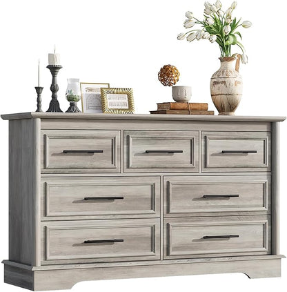 LGHM 7 Drawers Dresser for Bedroom, 54" Wide Chest of Drawers with Smooth Gliding Drawers, Gray Wood Dresser, Sturdy Storage Dressers Organizer with Metal Handles for Home Office, Farmhouse, Nursery