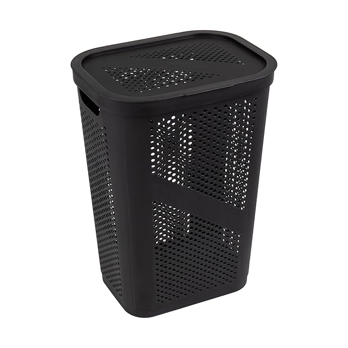 Mind Reader 60L Slim Laundry Hamper, Clothes Basket, Lid, Ventilated, Plastic, Set of 2, Black