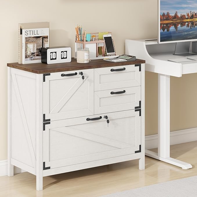 Lateral File Cabinet with 4 Drawers, Farmhouse File Cabinet for Letter/Legal/A4 Size Hanging Files, Large Wood File Storage Cabinets Printer Stand for Home Office Cabinets, White with Lock
