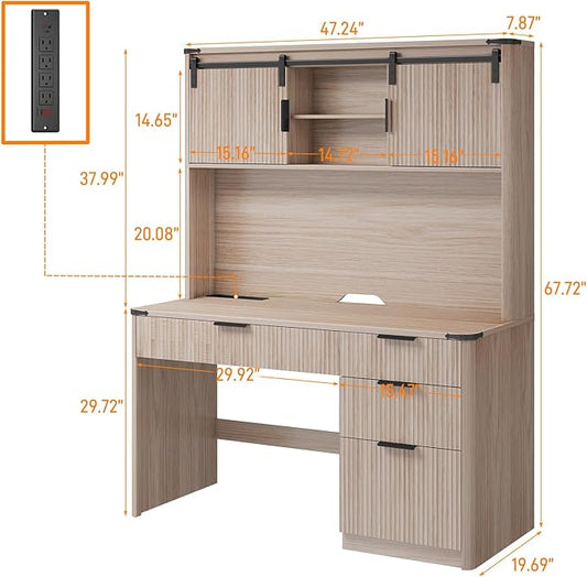 Vabches 67" H Executive Desk with Fluted Drawers,4 Drawers Fluted Computer Desk with LED Light,Charging Hub,Wood Workstation with Hutch and Sliding Barn Doors for Work and Study