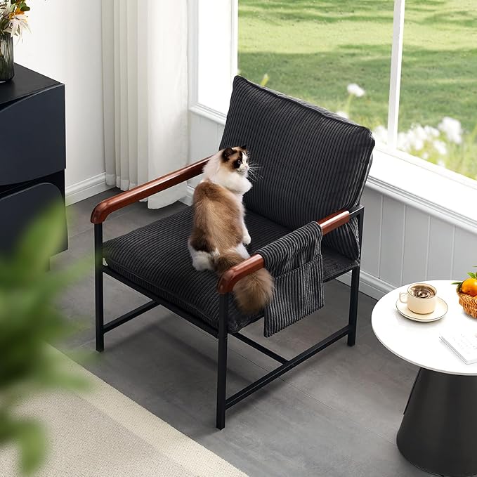 CLIPOP Accent Chair with Corduroy Fabric, Wood Armrests, Removable Cover, Side Pocket, Comfortable Armchair for Living Room & Bedroom, Durable Comfy Reading Chair for Home Office, Black