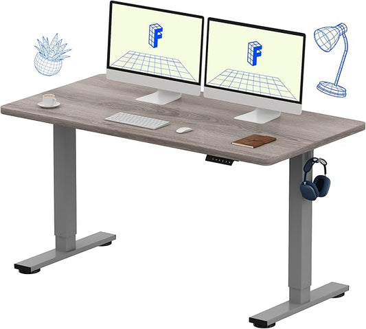 FLEXISPOT EN1 One-Piece Standing Desk 55 x 28 Inches Height Adjustable Electric Desk (Silver Frame + Grey Wood Grain Top, 2 Packages)