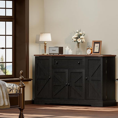 55.1" Buffet Cabinet with Storage, Charging Station, Modern Kitchen Buffet Sideboard with Drawer, Black Wood Coffee Bar with Adjustable Shelves & Spice Rack, Kitchen Storage Cabinet for Living Room