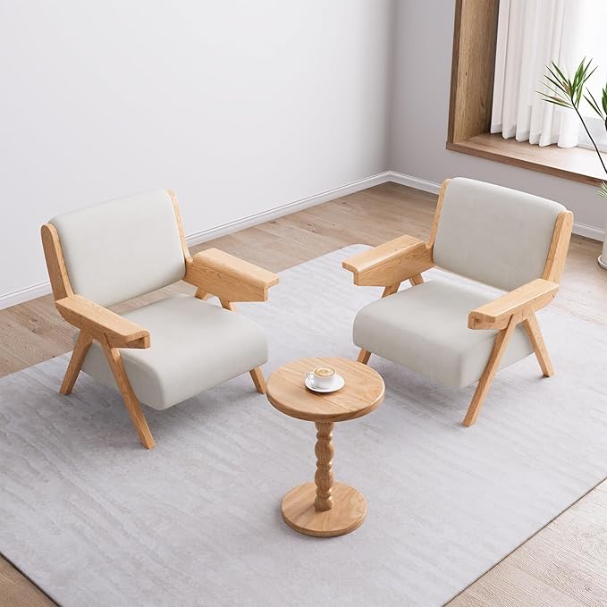 Mid Century Modern Accent Chair, Fabric Upholstered Lounge Arm Chair with Solid Wood Frame for Living Room, Bedroom, Office, Reading Corner (White, Single Chair)