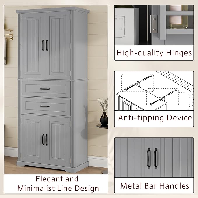 Tall Storage Cabinet, Bathroom Floor Freestanding Storage Cabinet with 2 Doors, Adjustable Shelf, and 2 Drawers for Bathroom, Office, Living Room, MDF Board, Grey
