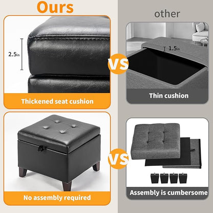 Asense 17 Inch Storage Ottoman Foot Rest,Square Faux Leather Foot Stool,Small Ottoman with Storage,Padded Seat for Entryway,Living Room,Bedroom,Couch,Under Desk,Black