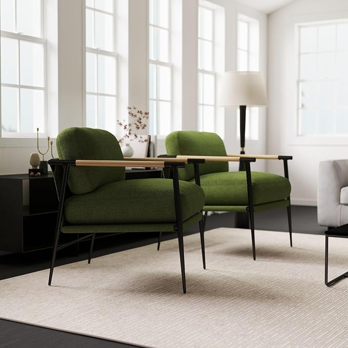 LukeAlon Mid-Century Linen Accent Chair, Ultra Soft Living Room Chair with Metal Legs Modern Armchair Reading Nook Chair Lounge Chair Upholstered Comfy Leisure Chair for Bedroom Waiting Room, Green