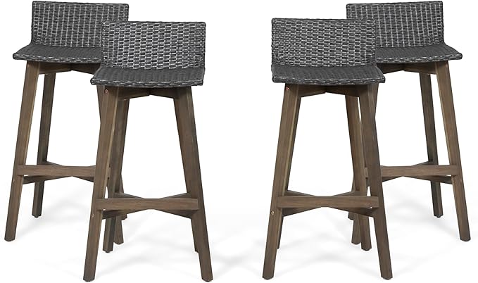 Christopher Knight Home La Brea Outdoor Wood & Wicker Barstools (Set of 4), Gray