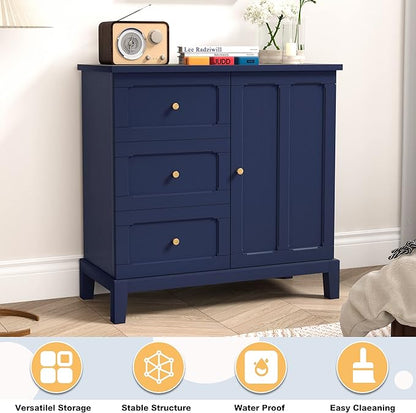 HLR Accent Cabinet with 3 Drawers and Door, Wooden Storage Cabinet with Shelves, Sideboard for Living Room, Entryway, Navy Blue