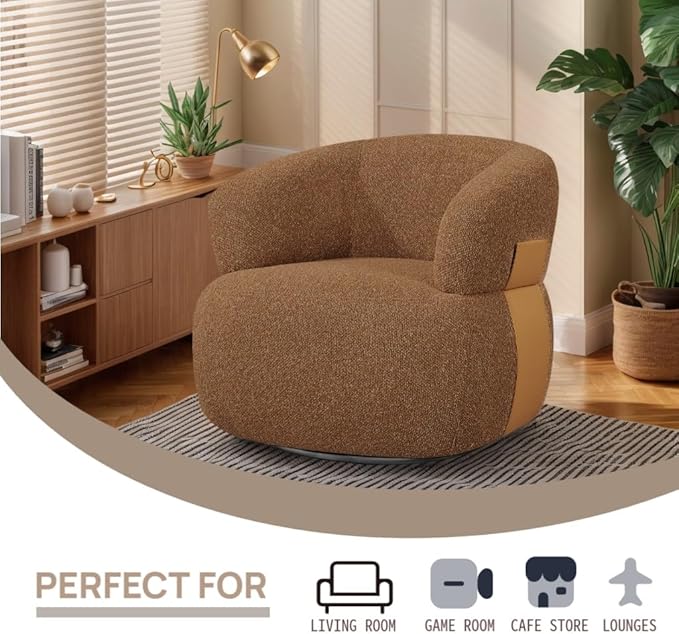Swivel Barrel Accent Chairs-Modern Round Club Arm Chair Upholstered Living Room Armchair, Single Sofa Seating Bedroom Side Reading Seat for Living Roon Office (Caramel,1 Pack)