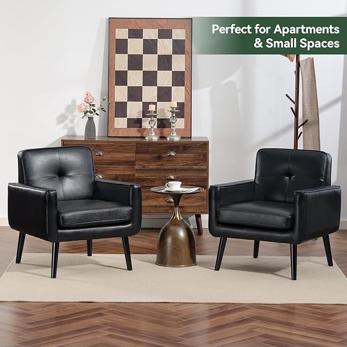 Mid Century Accent Chair, PU Leather Modern Chair with Wooden Frame, Cozy Armchair Reading Chair with Comfy Back for Apartment, Living Room, Bedroom, Waiting Room, Small Space, Corner, Black