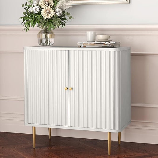 HLR Sideboard Buffet Cabinet with Fluted Texture, White Accent Cabinet with 2 Doors, Modern Credenza Storage for Kitchen Living Room, Entryway (White, 1Piece)