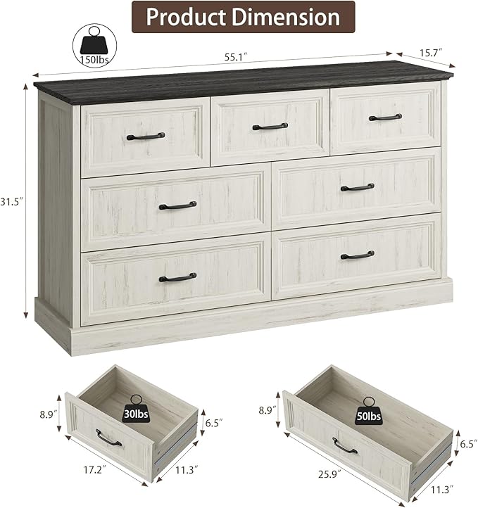 Farmhouse 7 Drawer Dresser for Bedroom, 55 Inch Wide Modern White Dresser TV Stand with Large Drawers & Bar Handles, Rustic Wood Chest of Drawers for Bedroom, Living Room