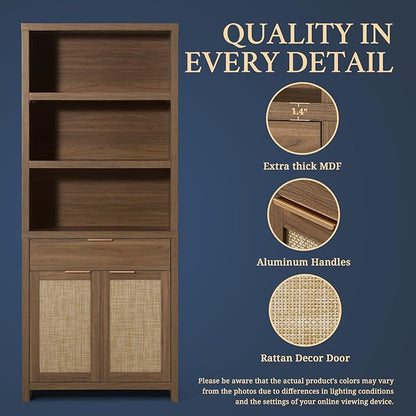 Hampstead Bookcase, Rattan Bookcase with Doors Cabinet and Drawer, 5-Tier Bookshelf, Large Wooden Book Case, Tall Bookshelves for Library Living Room (Special Walnut, 2 Pieces)
