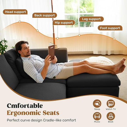 144" Cloud Sectional Couches for Living Room, Convertible U-Shape Couch with Ottoman, 6 Seater Modular Sectional Sofa,Black Chenille