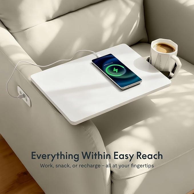 FLEXISPOT Lune Genuine Leather Power Recliner Chair with Tray Table & Adjustable Headrest, Real Leather Electric Recliner with USB & Type-C Charging Ports, Luxury Single Sofa for Living Room, Ceramic