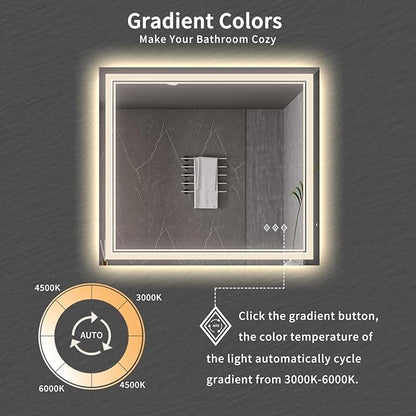 Bathroom Mirrors for Wall, 40x36 Inch Gradient Front and Backlight Lighted Mirror, 3 Colors Dimmable CRI>90 Double Lights, IP54 Enhanced Anti-Fog, Hanging Plates Wall Mount Smart Mirror