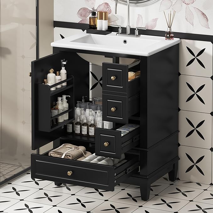 24 Inch Bathroom Vanity with Sink, Freestanding Bathroom Sink Cabinet with 3 Drawers and Storage Door Rack Organizer, Solid Wood Legs, Black