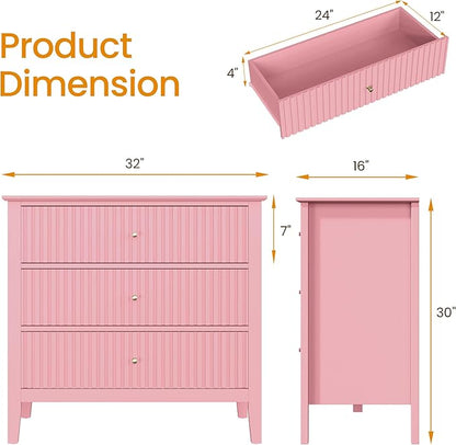 RoyalCraft Fluted 32 inch Wide Nightstand Set of 2, Large Pink Nightstand with 3 Drawer, Modern End Table, Wood Beside Table for Home and Office