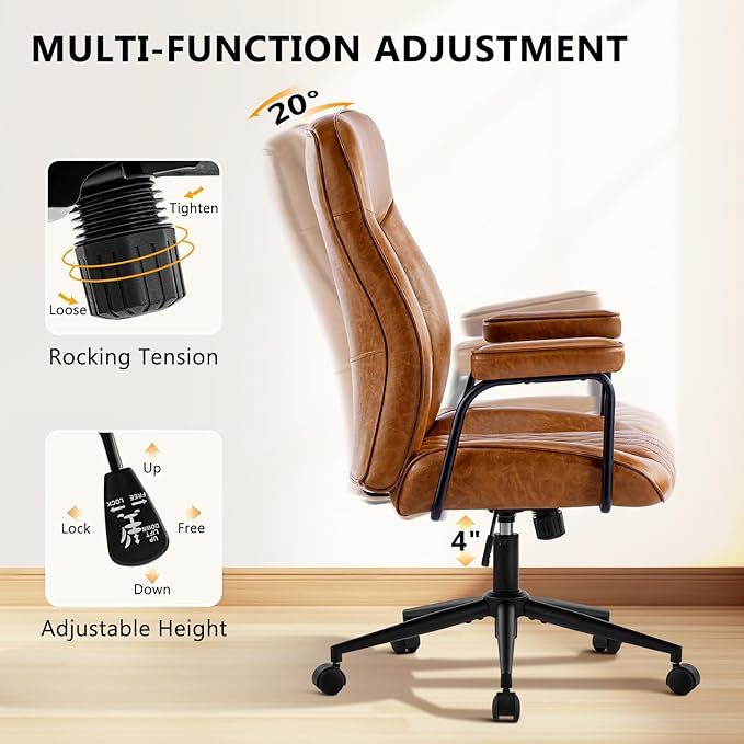 Leather Home Office Desk Chairs, Comfy Office Chair, Mid Century Modern Office Chair with Lumbar Support, Mid-Back Adjustable Swivel Computer Chair with Wheels and Arms, Brown