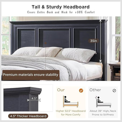 ACCOHOHO Farmhouse King Size Bed Frame with 52" Tall Headboard, Wood Platform Bedframe with Footboard and Storage Drawers, No Squeak, No Box Spring Needed, Black